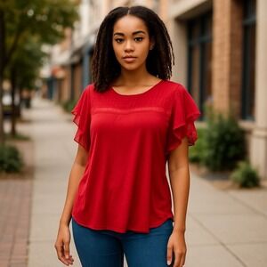 Sara Studio Red Ruffle Sleeve Top Blouse 1X Plus Size‎ Women's